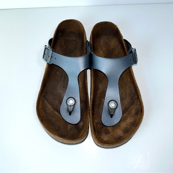 Birkenstock Women's‎ Birko-Flor Gizeh Pewter Blue Sandals Thong Leather 36EU - Picture 2 of 16